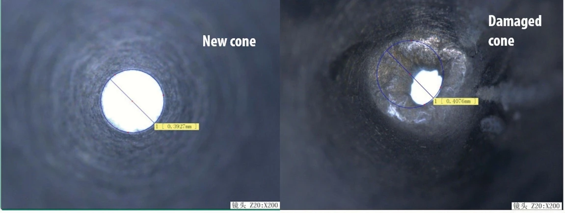 Agilent Technologies: Obrázek 2. Celkový stav, velikost a tvar otvoru v kónusech interfejsu je rozhodující pro výkon přístroje.