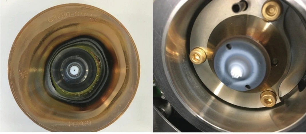 Agilent Technologies: Obrázek 4. Nadměrné nahromadění matrice vzorku na kónusu je indikátorem toho, že kónusy by měly být vyčištěny.