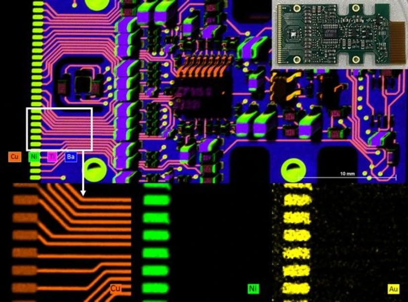 Bruker: Elemental distribution of a printed circuit board (above) and the corresponding elemental distribution of its layer structure build on Cu, Ni and Au (bottom).