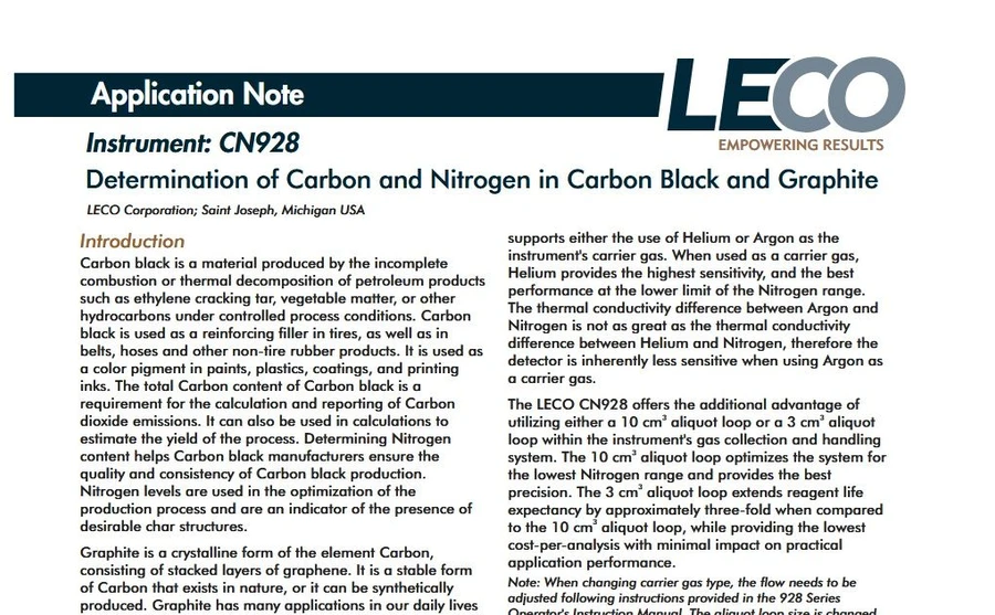 <p><strong>LECO:</strong> LECO CN928: Stanovení uhlíku a dusíku v sazích a grafitu</p>
