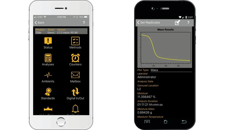 LECO TGM800 Termogravimetrický analyzátor vlhkosti: Volitelná aplikace Cornerstone Mobile umožňuje vzdálené prohlížení softwaru přístroje z chytrého telefonu, tabletu nebo počítače. Lze jej také naprogramovat tak, aby nastavil automatická upozornění z přístroje na předem definované softwarové podmínky pomocí e-mailu, textové zprávy nebo aplikace Cornerstone Mobile.