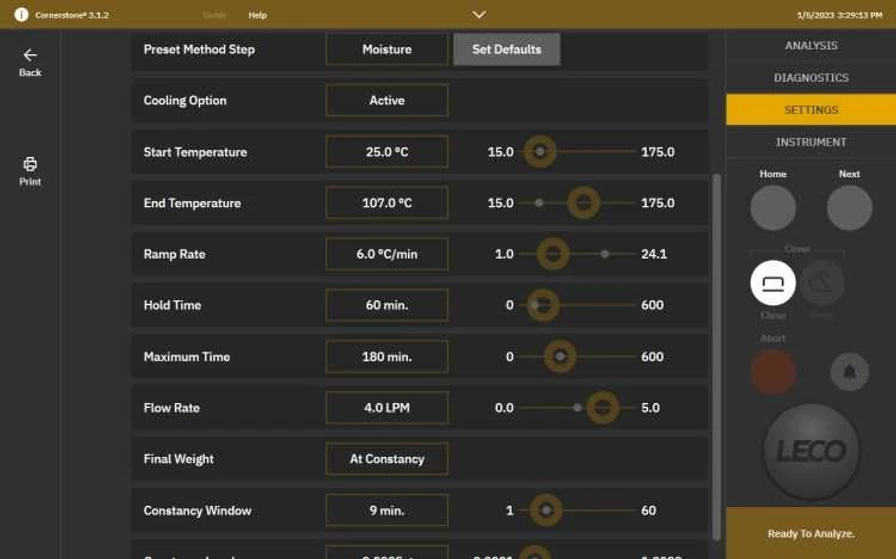 LECO TGM800 Termogravimetrický analyzátor vlhkosti: LECO Cornerstone - Nastavení metody.