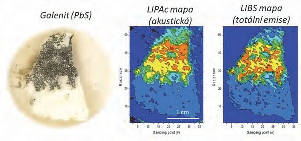 <p>Markéta Bosáková: Ukázka akusticko-emisního mapování galenitu (fotka vzorku po analýze; LIPAc mapa=akustická mapa; LIBS mapa = mapa totální emise)</p>