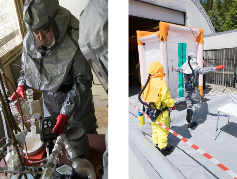 SÚJCHBO: Obrázek 7 - Chemický průzkum v ilegální laboratoři (vlevo) a dekontaminační linka pro mokrou dekontaminaci (vpravo)