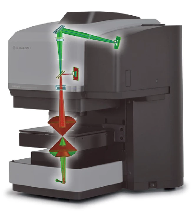 Shimadzu: Pohled na optickou dráhu viditelného (zelené světlo) a infračerveného světla (červené světlo)