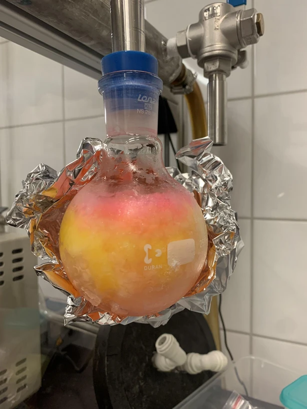 ÚOCHB: Baňka s fluorescenčně značeným glutathionem. Glutathion je malý tripeptid, který patří k nejdůležitějším antioxidantům v buňkách. Pomáhá neutralizovat volné radikály a chrání buňky před oxidačním stresem. Je to modelová molekula pro testování nové metody značení. Zatímco glutathion obsahuje tři aminokyseliny, na konci projektu byl označen protein složený z 583 aminokyselin. To je důkaz, že metoda z ÚOCHB skutečně funguje. Na snímku je zachycena fáze lyofilizace, při které se peptid po konjugaci zbavuje vody. Viditelný přechod ze žluté do červené barvy souvisí se změnou prostředí fluoroforu při vysychání vzorku.