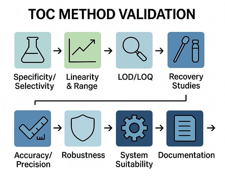 Shimadzu: Validace metod TOC: Zajištění robustnosti, citlivosti a souladu s předpisy: Workflow validace metody TOC – viz podrobnosti níže.